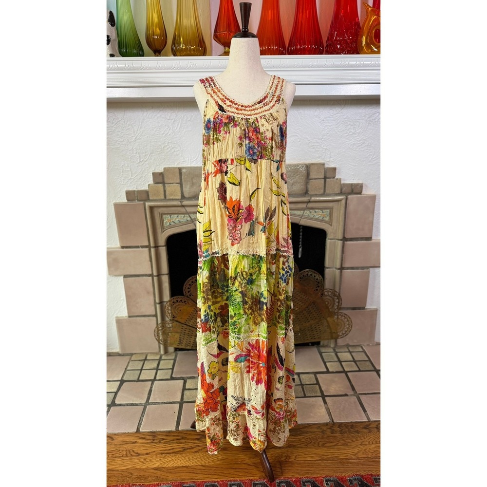 Palak Boho Tiered Maxi Dress Cotton Eyelet Mixed Floral Rick Rack India M